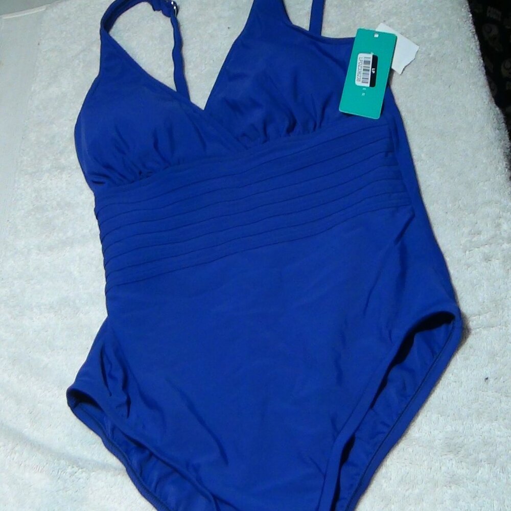 Aqua Green Women PURPLE UPF 50 Waist Detail Over the Shoulder One Piece Swim